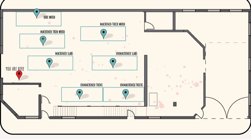 In-store map with pins for each wood section and a you-are-here marker