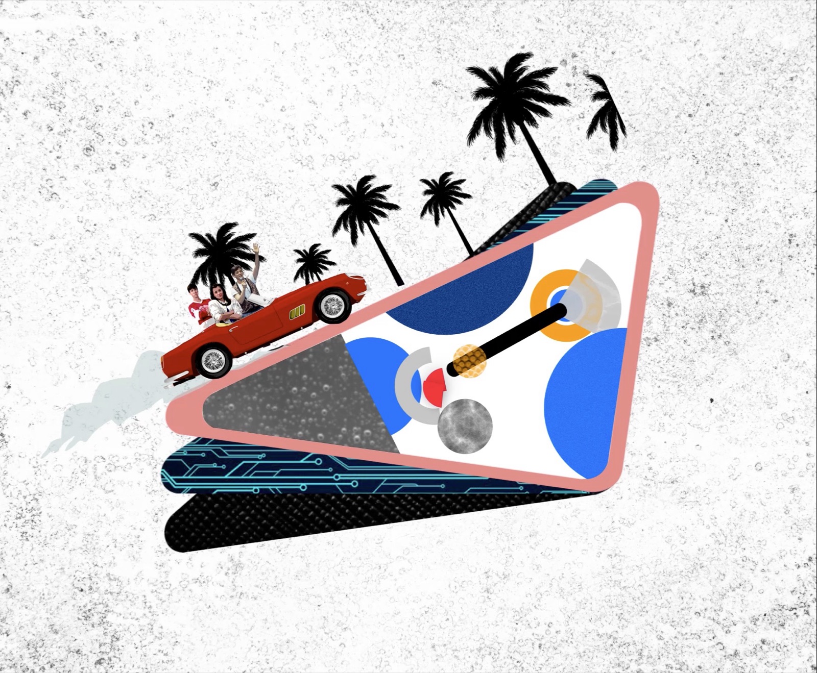 Ferris Bueller collage frame: the Ferrari flying off a ramp