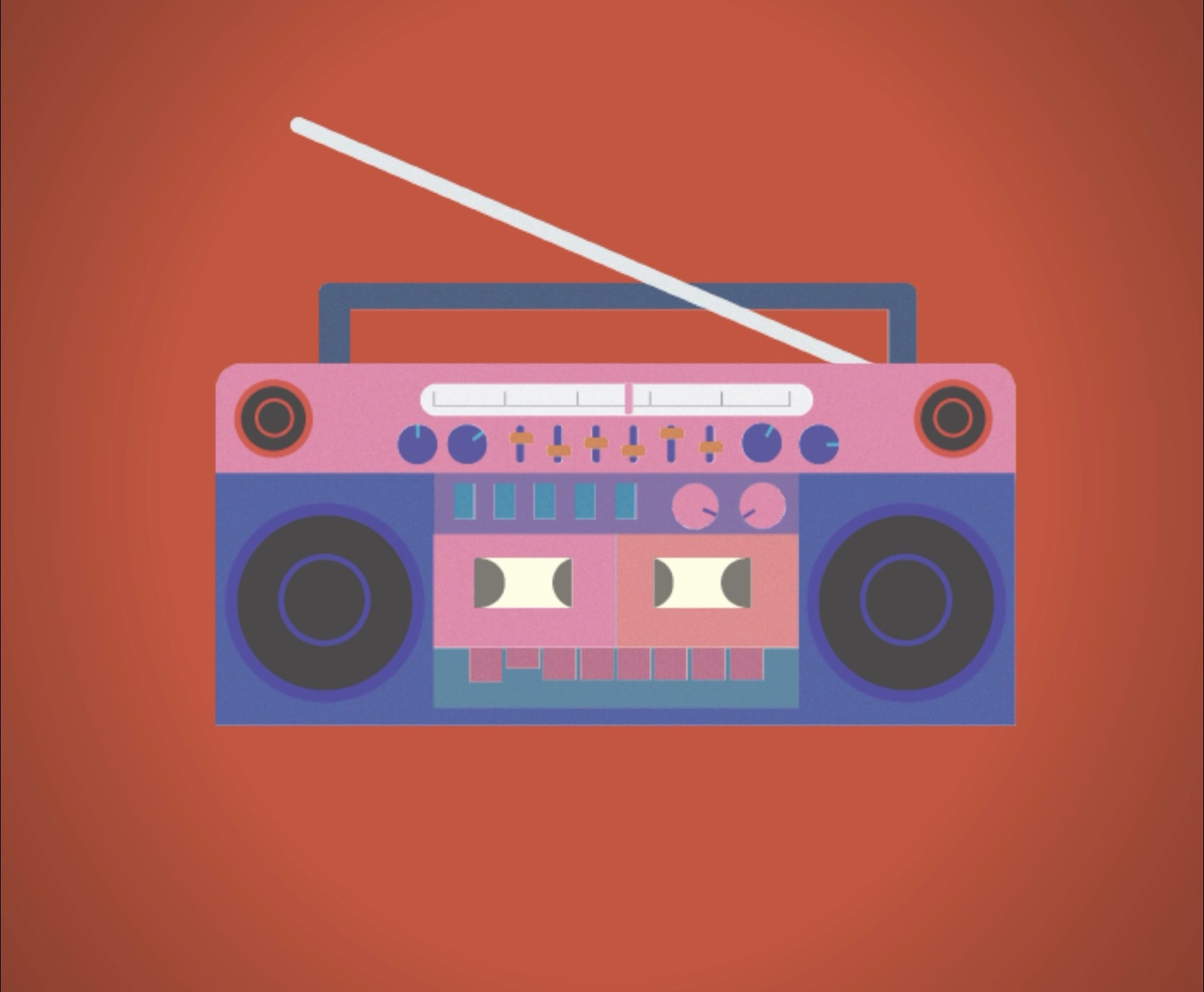Illustrated pink boombox on a red background