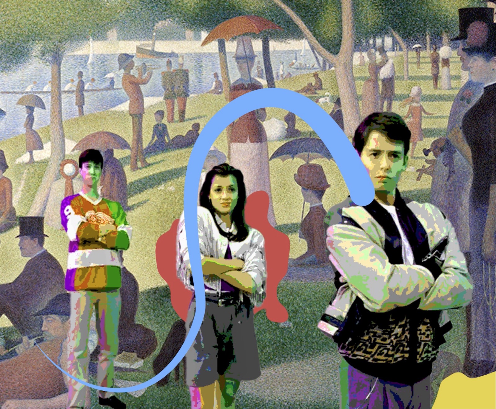Rotoscoped characters composited into Seurat's Sunday afternoon painting
