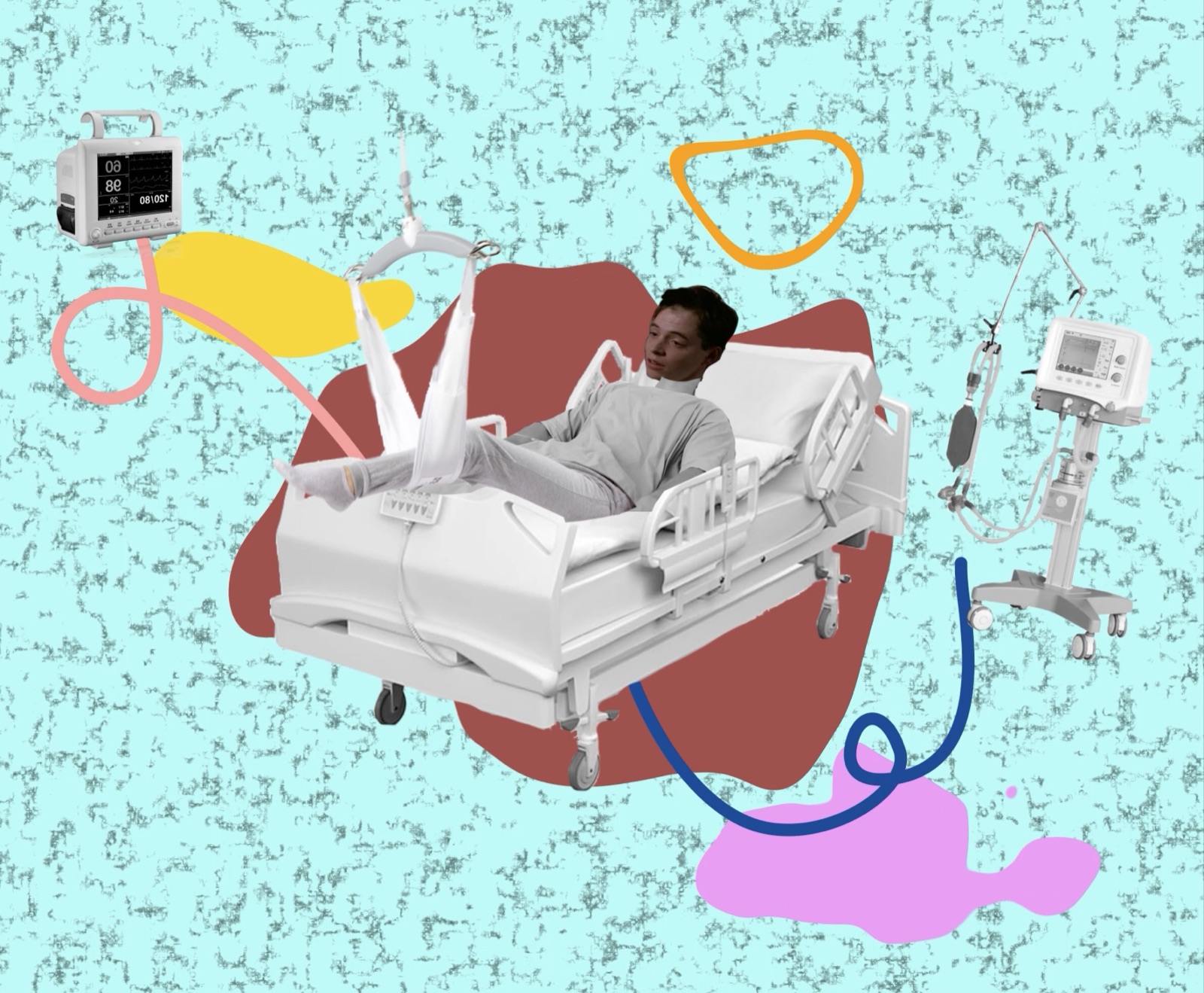 Collage of a hospital bed scene on a speckled mint background