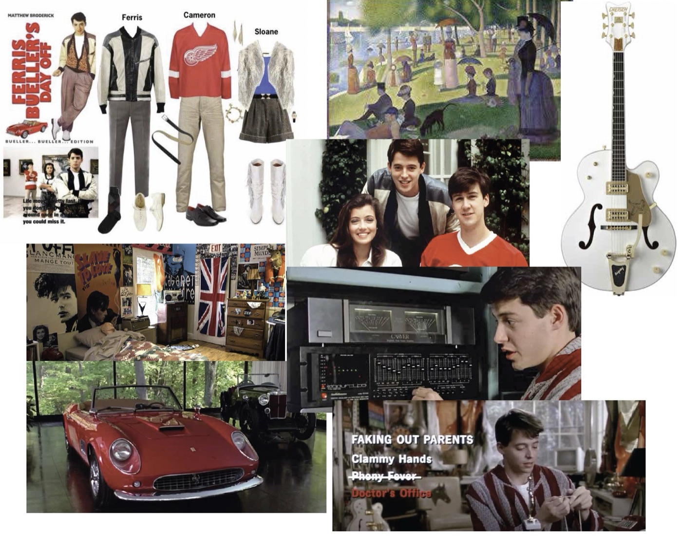 Mood board of film stills, costumes, the Ferrari and a guitar