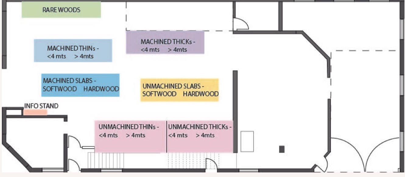 Colour-coded floor plan of rare woods, machined and unmachined thins, thicks and slabs