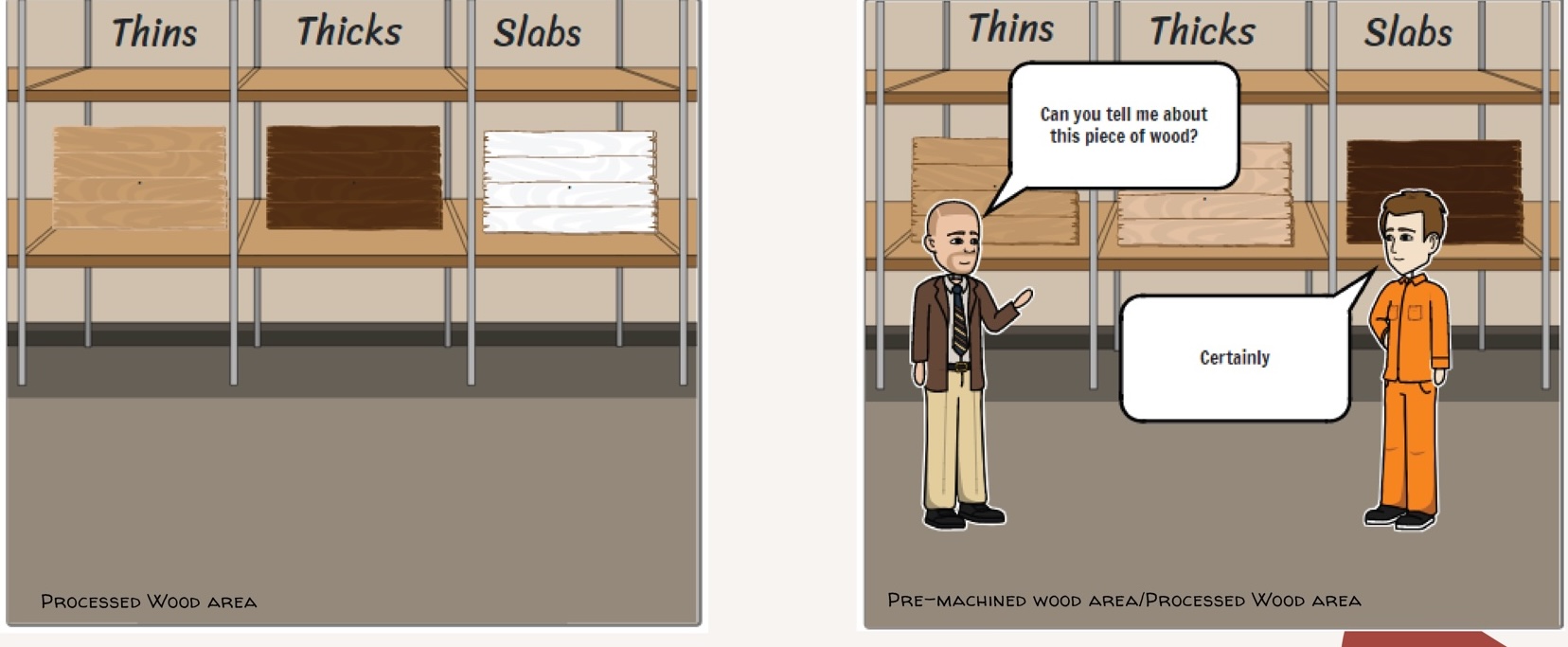Illustration: machined wood in a processed area, with a customer asking staff about a piece