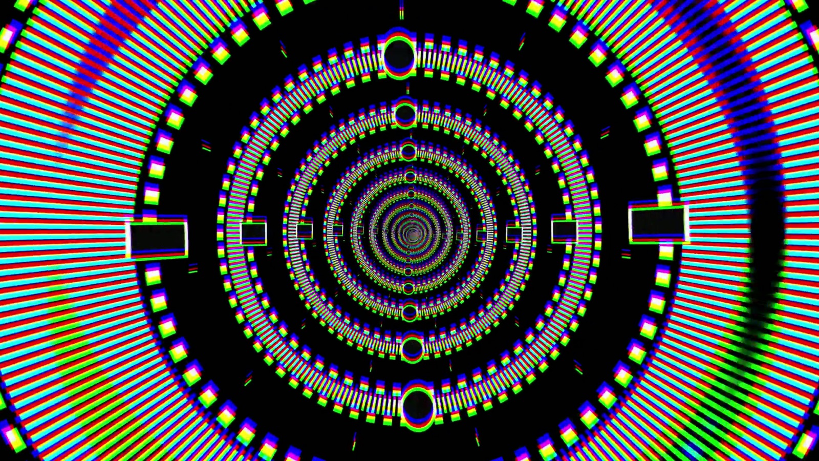 Metamorphosis frame: concentric geometric rings in neon colours