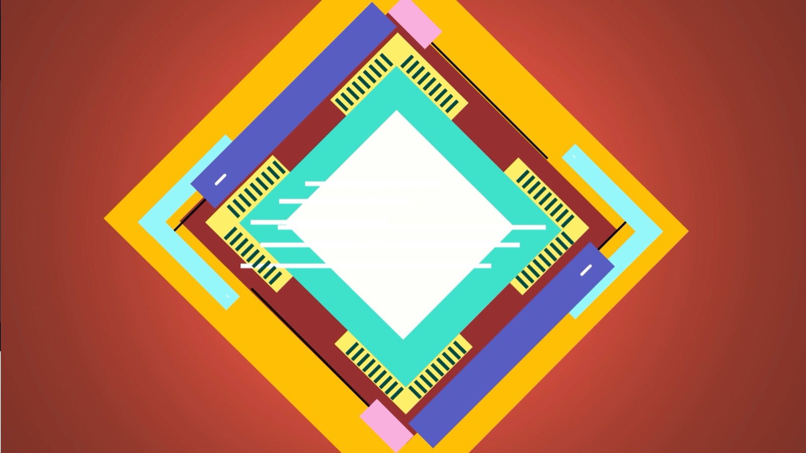 Geometric diamond frame in yellow, teal and navy on red