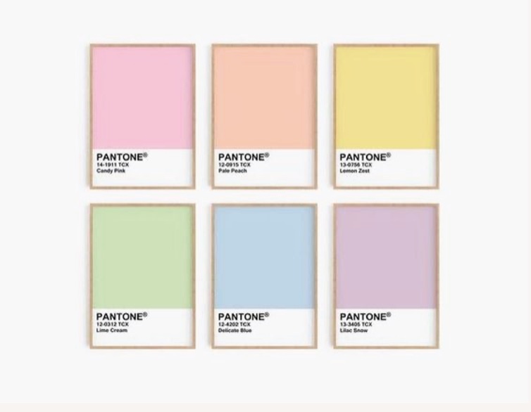 Six pastel Pantone swatches: pink, peach, yellow, green, blue and lilac
