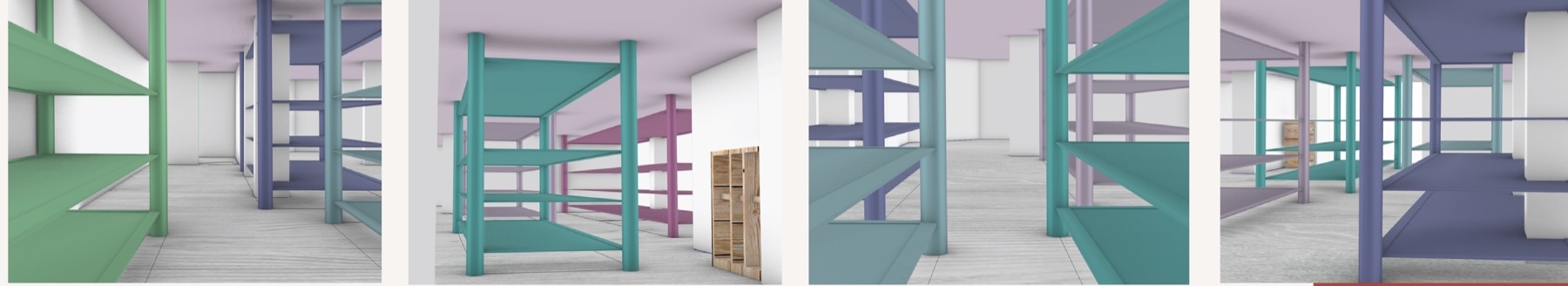 Colour-coded 3D renders of the shelving in green, teal, purple and pink
