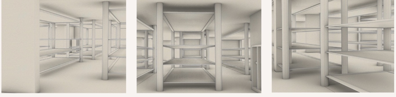 Untextured 3D renders of the new shelving