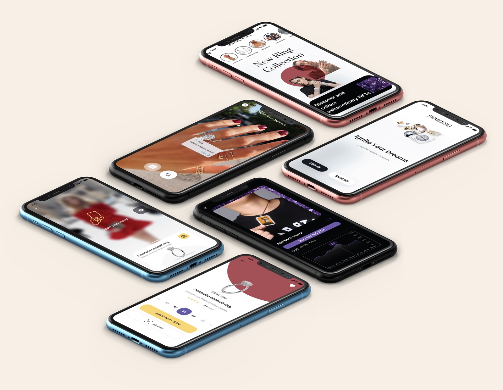 Swarovski app screens on six floating phones