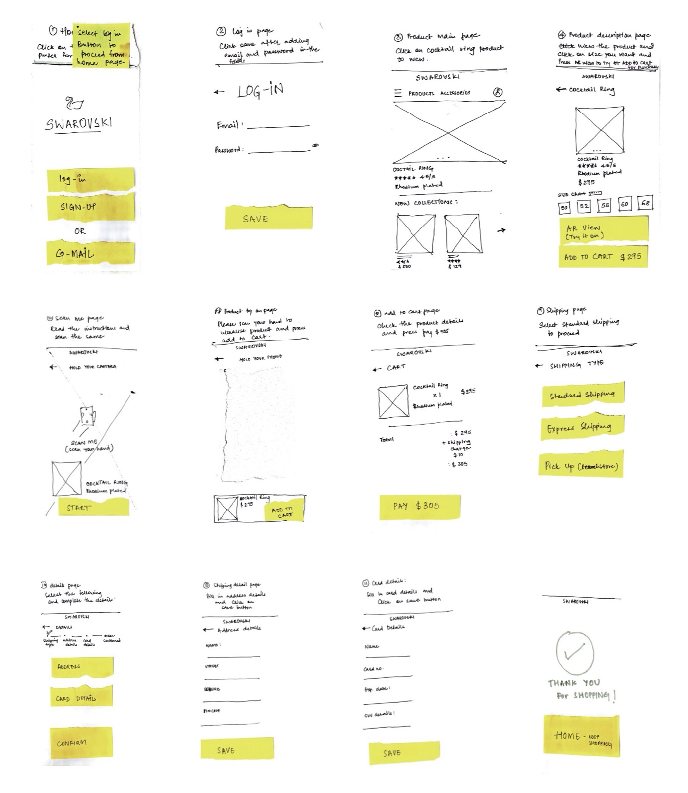 Paper wireframes with sticky notes