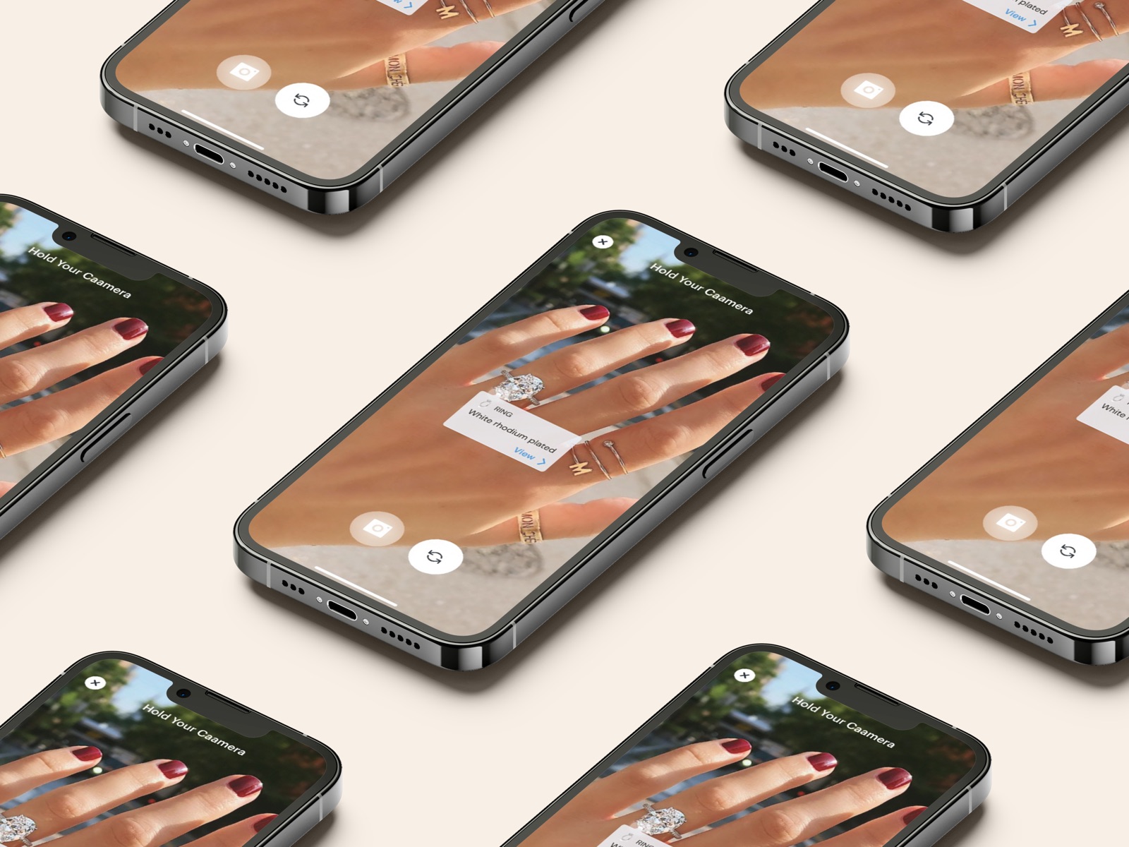 Phones showing a ring being tried on a hand in AR