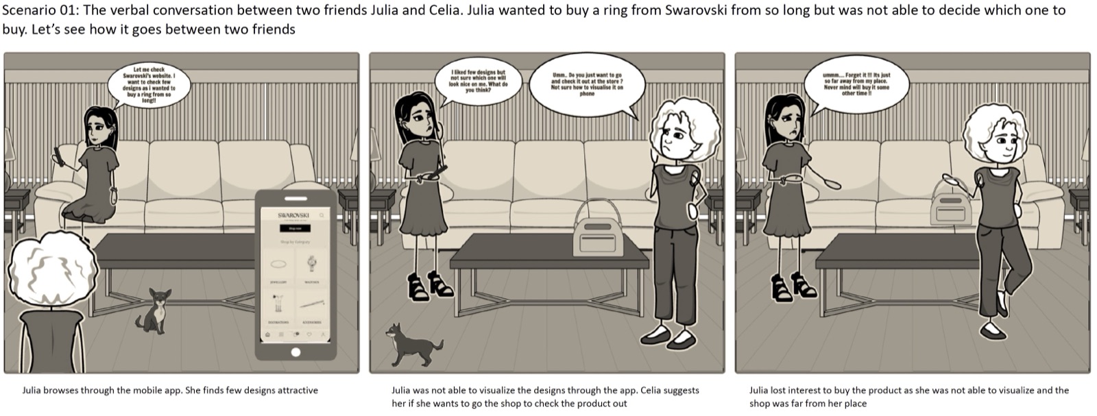 Comic storyboard: two friends try to buy jewellery online and cannot decide