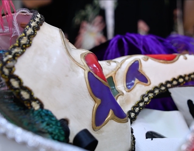 Ornate theatre masks backstage