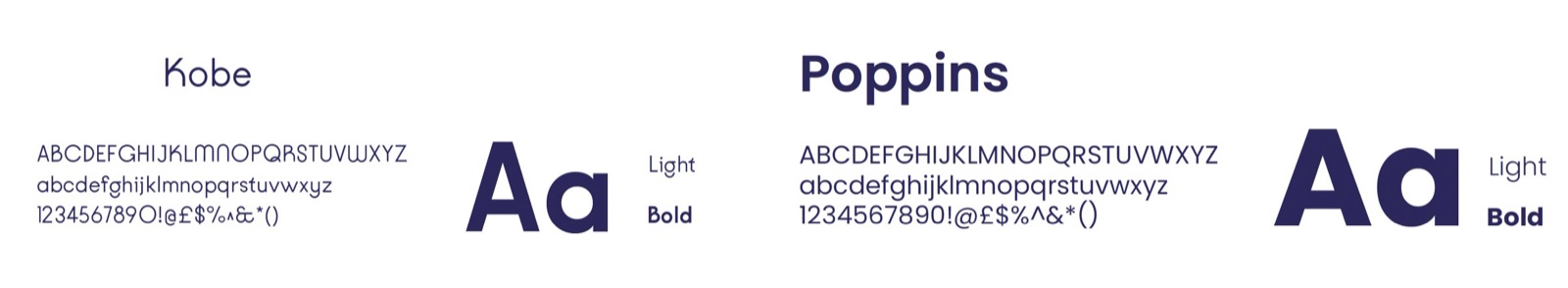 Brand typefaces shown in light and bold weights, including Poppins