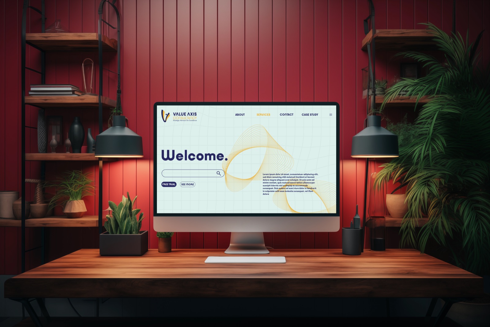Value Axis website on a desktop monitor in a red-panelled study