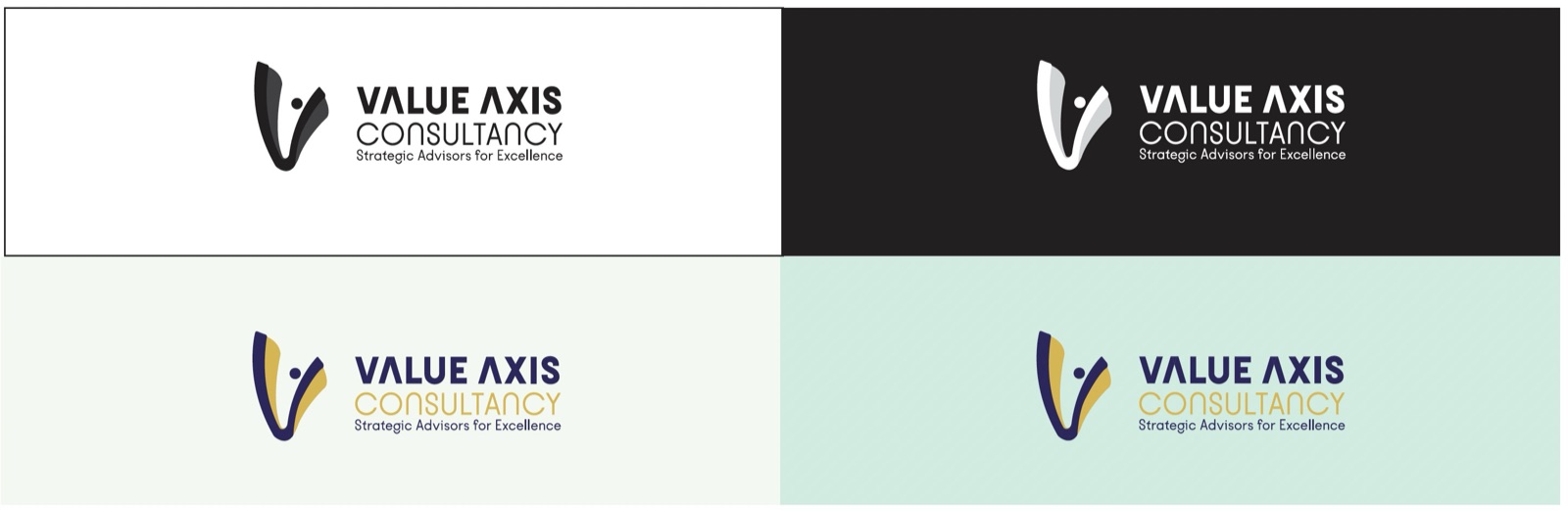 Logo variations on white, black, mint and teal backgrounds