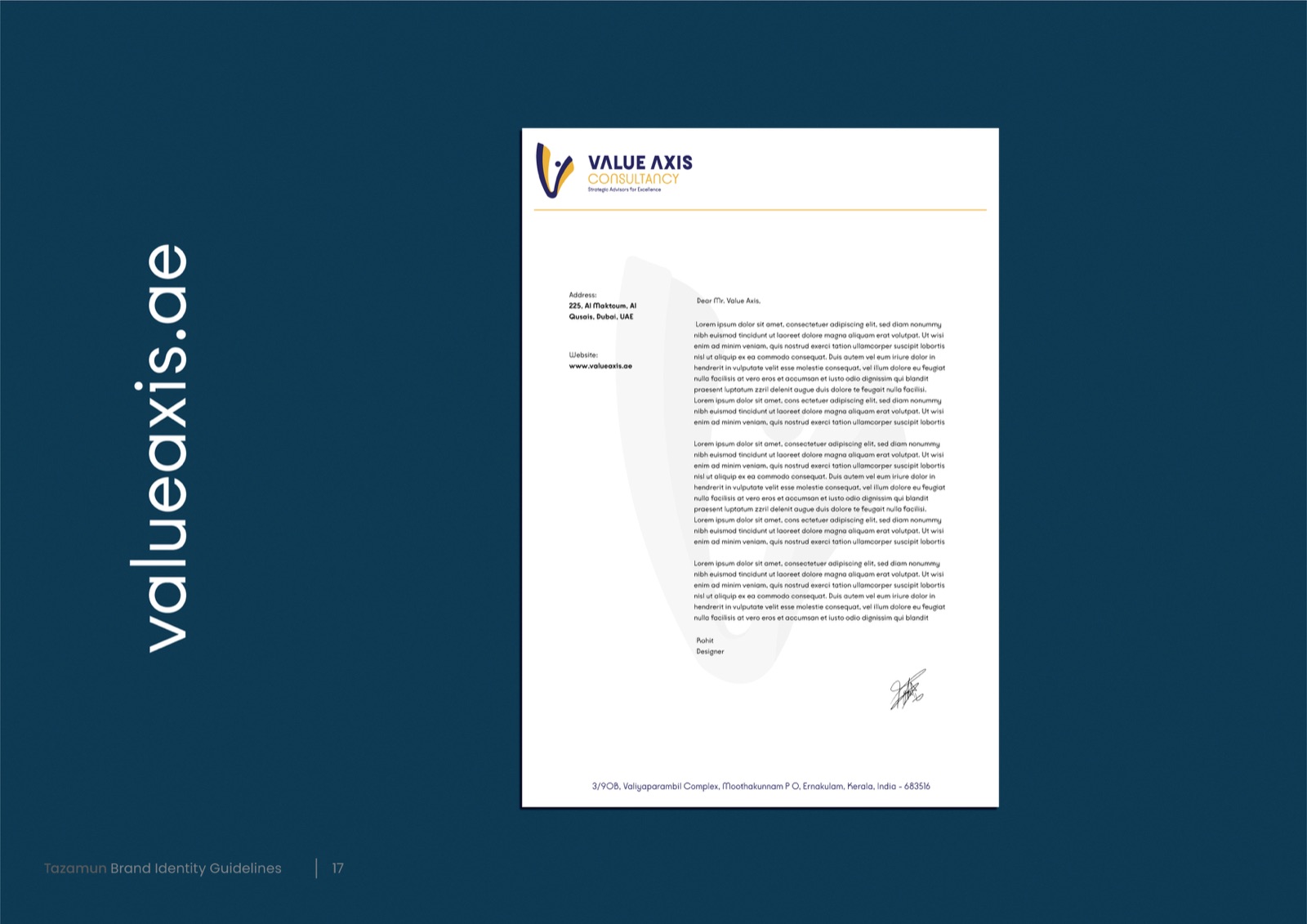Value Axis letterhead on a navy background