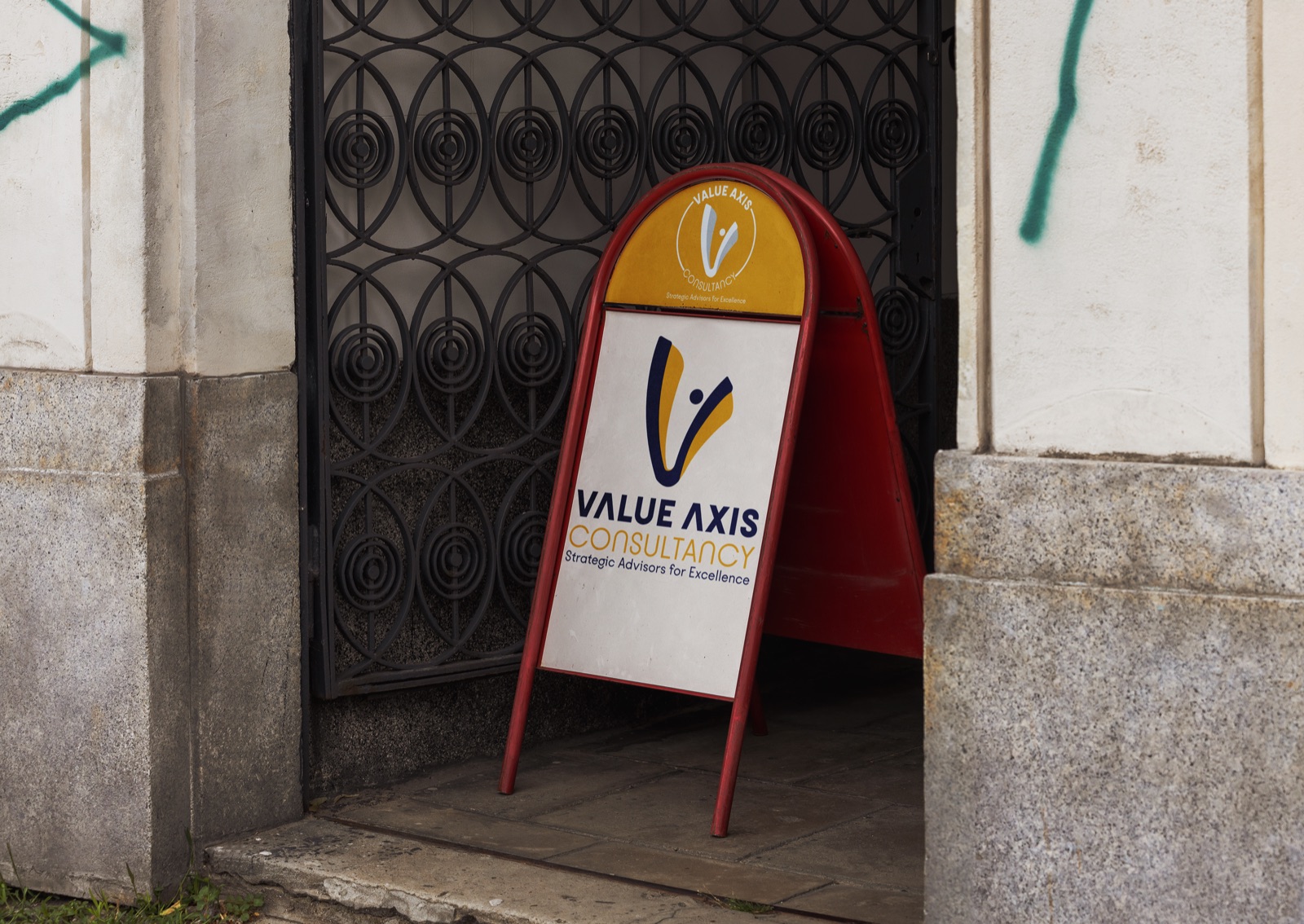Value Axis branded A-frame sign on a street