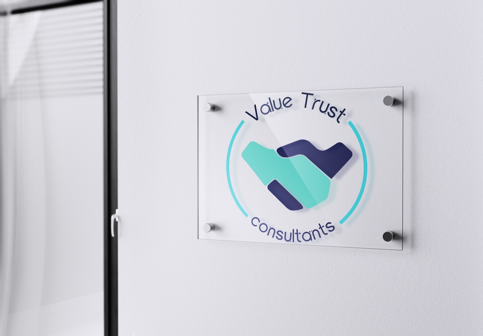 Value Trust circular logo on a frosted glass office sign