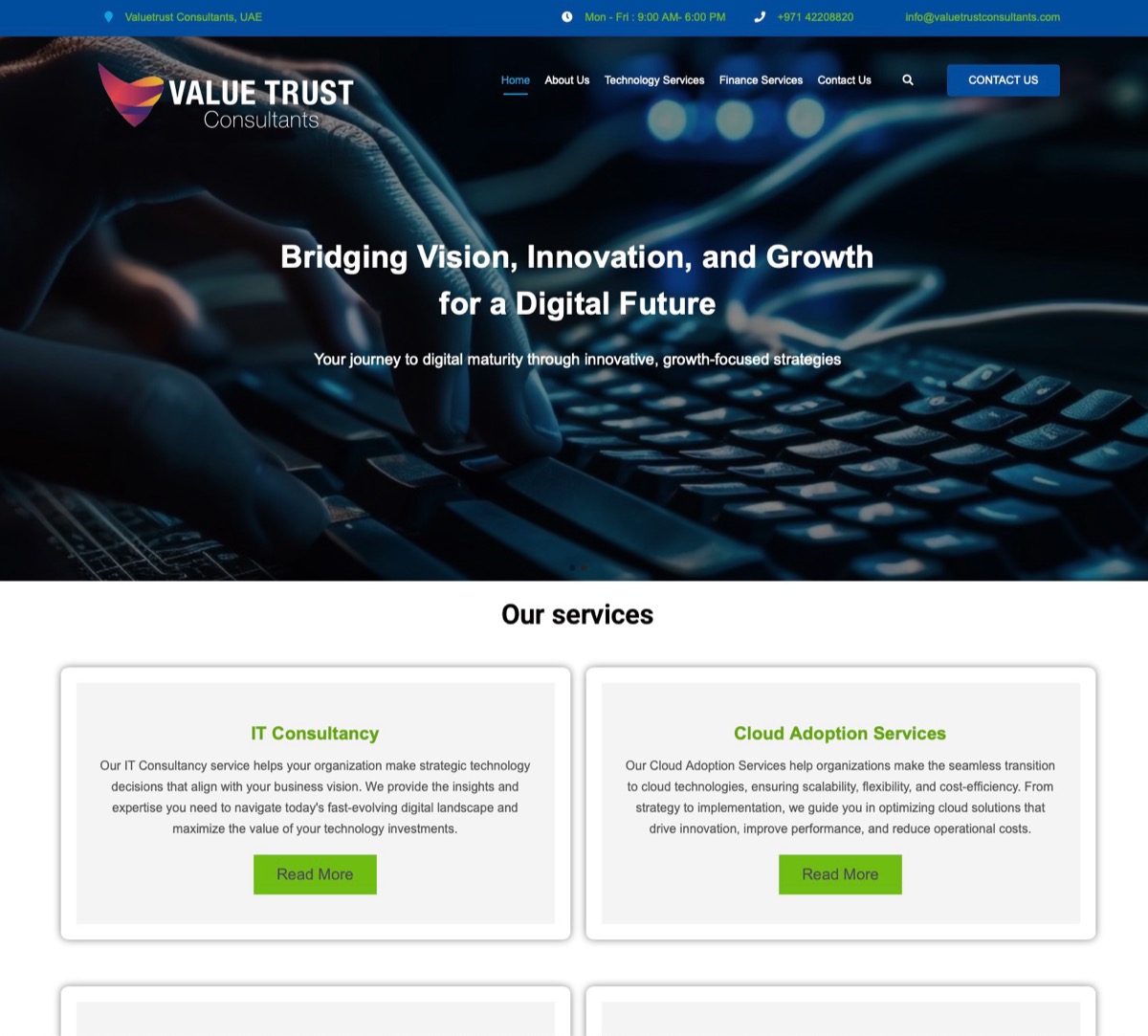 The old Value Trust website homepage with stock imagery and green buttons