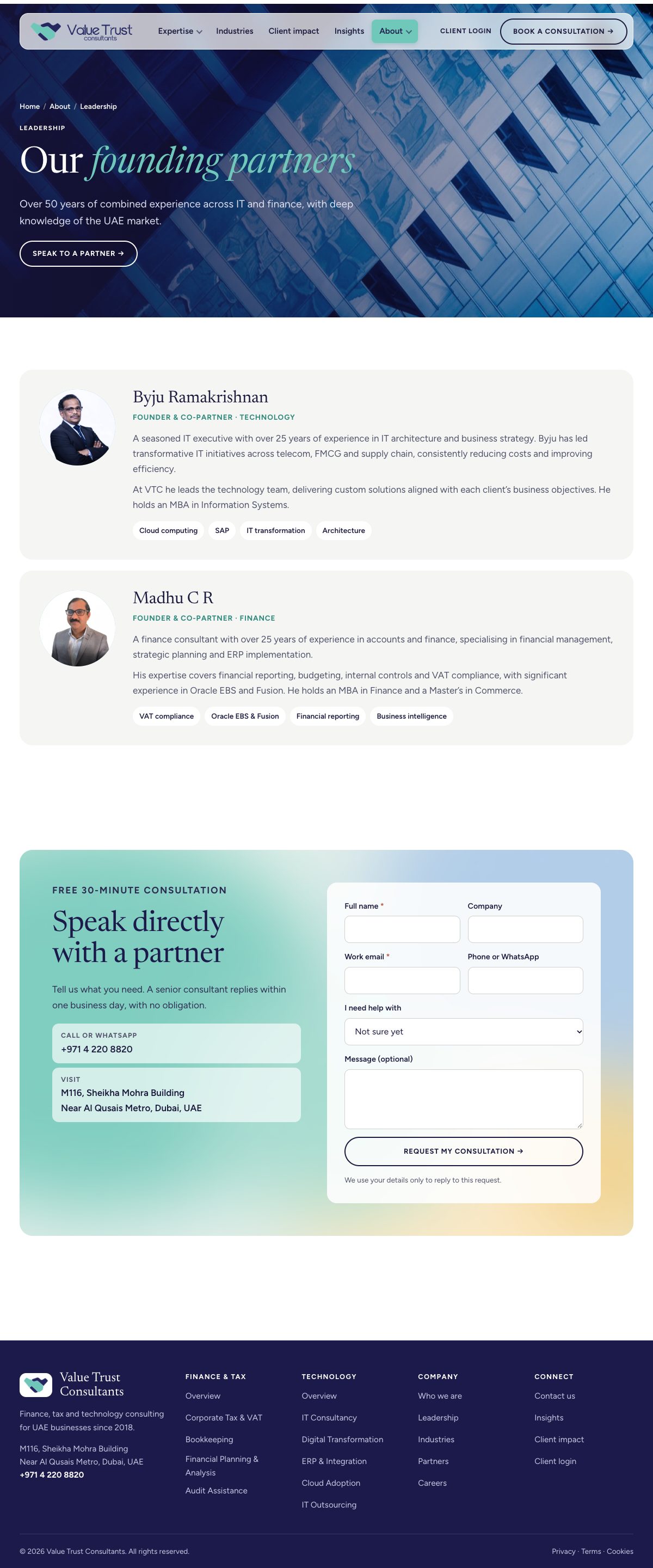 Leadership page introducing the two founding partners